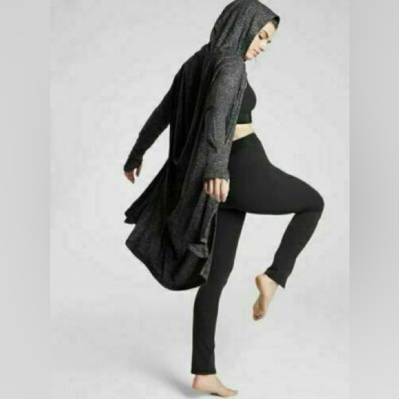 Athleta Harmony Wrap Cardigan Medium Petite Dark Gray Hooded Open Front Duster - Picture 2 of 13